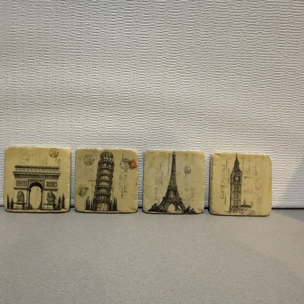 set of 4 cork-backed stone coasters featuring Europe Paris‎ Rome Travel Postcard